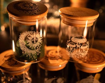 Graviertes kleines 112 ml Einmachglas mit Deckel, Gothic Wohnkultur, Hexenküche Vorratsdose, Rabenschädel, Halbmondgeschenk
