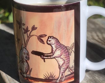 Sonderbare mittelalterliche Katzenkaffeetasse, Keramikbecher Katzenliebhaber Geschenk
