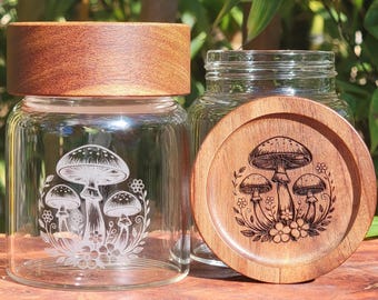 5 Unzen Blumenpilz Glas mit Holzschraube auf Deckel, Aufbewahrungsglas lasergraviert