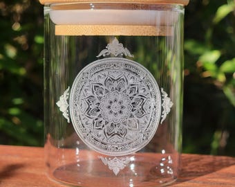 4 Unzen Mandala Kleines Glas mit Bambus Deckelbehälter stash jag Laser graviert