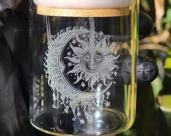 4 Unzen Graviertes Sun & Moon Kleines Glas Stash Glas mit Bambus Deckel