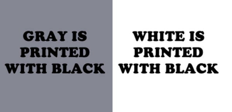 Peut inclure: Un fond gris avec le texte "GRAY IS PRINTED WITH BLACK" en police noire. Un fond blanc avec le texte "WHITE IS PRINTED WITH BLACK" en police noire.