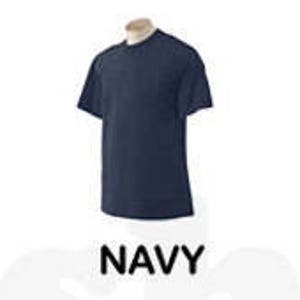 May include: Five t-shirts in different colors: ash, black, navy, white, and red. The t-shirts are all the same style, with short sleeves and a crew neck.