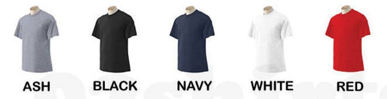 May include: Five t-shirts in different colors: ash, black, navy, white, and red. The t-shirts are all the same style, with short sleeves and a crew neck.
