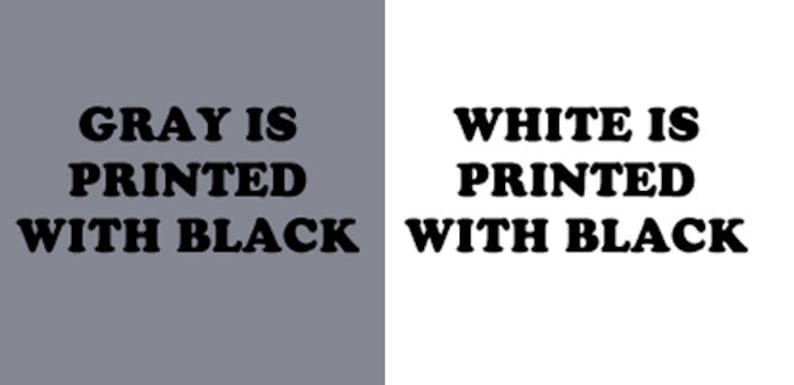 Op de afbeelding: Een gesplitst beeld dat de tekst "GRAY IS PRINTED WITH BLACK" op een grijze achtergrond en "WHITE IS PRINTED WITH BLACK" op een witte achtergrond laat zien.