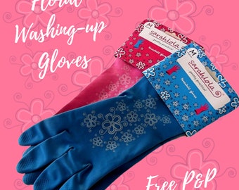 Washing Up Gloves with Floral Print, Rubber Gloves, Latex Gloves, Household Gloves, Marigolds, Pink/Blue, Medium/Large, UK Seller!