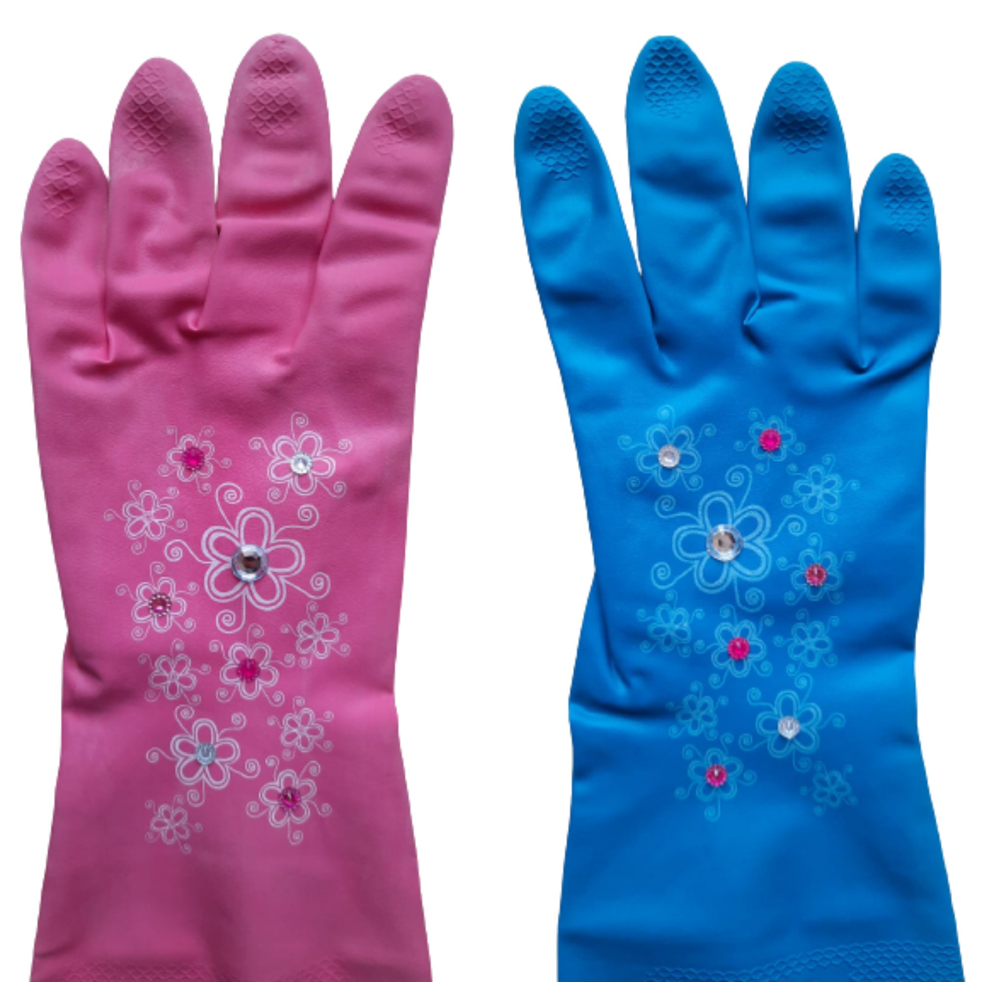 Floral Washing Up Gloves with Hand Glued Gems Rubber Gloves Etsy