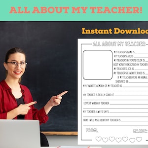 Alles über meinen Lehrer Printable | Lehrer-Anerkennung, Ende des Schuljahres-Fragebogen von Schüler | Füllen Sie die Blankoübersicht aus der Klasse aus