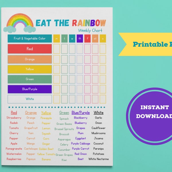 Eat the Rainbow Wochenchart zum Ausdrucken | Gesunde Ernährung Tracker für Kinder | Obst & Gemüse Farben Ernährung Log