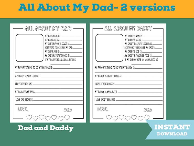 All About My Dad Printable Father's Day Birthday - Etsy