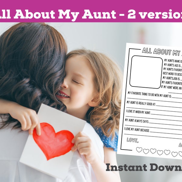 All About My Aunt Printable | Mother's Day, Birthday Questionnaire from Kids Niece Nephew | Fill in the Blank Survey about Aunt, Auntie