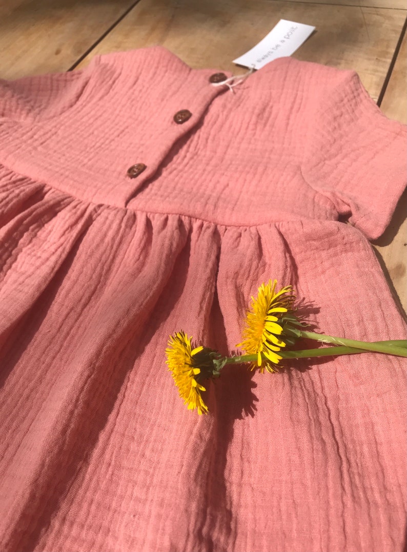 Organic muslin dress short/long sleeve in strawberry ice cream color image 2