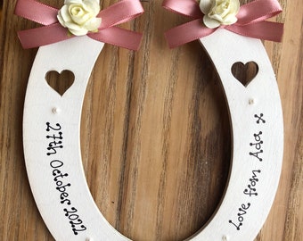 Pick your ribbon colour Personalised lucky wedding horseshoe gift hanging decoration Paige boy flower girl gift aunt uncle gift