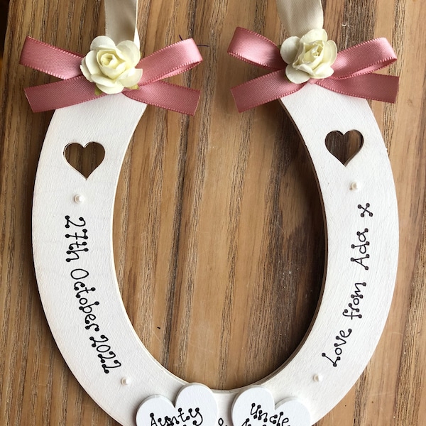 Pick your ribbon colour Personalised lucky wedding horseshoe gift hanging decoration Paige boy flower girl gift aunt uncle gift