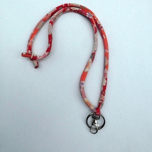 Japanese Chirimen Cord Lanyard  (Flowers in Red1), Japanese Fabric, Key Chain