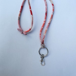 Japanese Chirimen Cord Lanyard with bead (Flowers in Red1), Japanese Fabric, Key Chain