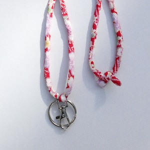 Japanese Chirimen Cord Lanyard  (Cherry Blossoms in Red), Japanese Fabric, Key Chain