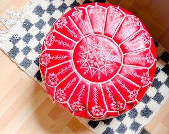 Moroccan pouf ottoman // round embroidery L //  Tango red
