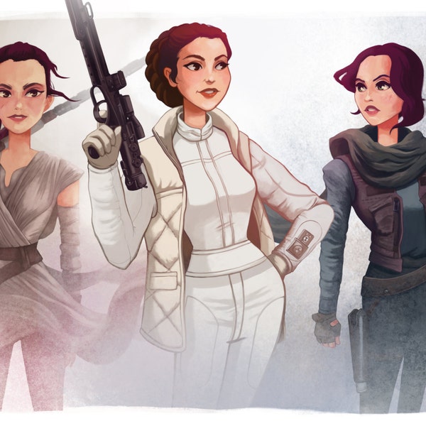 Women of STAR WARS (Rey, Princess Leia and Jyn Erso) limited edition art painting print, signed by Leann Hill