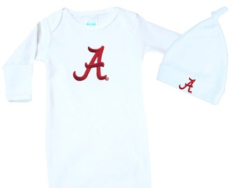 Alabama Crimson Tide Baby Layette Gown and Knotted Cap Set - White