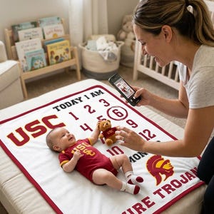 May include: A baby lies on a white blanket with red trim, featuring the text "USC" and "FUTURE TROJAN." The blanket has numbers and the words "TODAY I AM" printed on it. The baby wears a red onesie and socks. A woman is taking a photo.