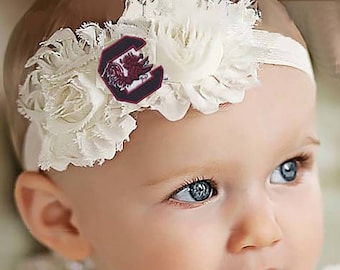 Future Tailgater South Carolina Gamecock Baby/ Toddler Shabby Flower Hair Bow Headband