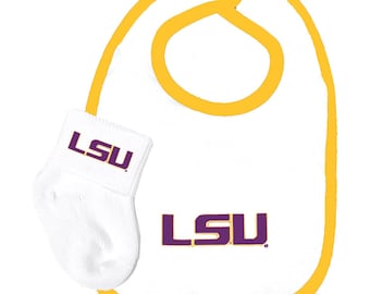 May include: White baby bib with a yellow trim and LSU logo in purple. A white baby sock with a purple LSU logo is included.
