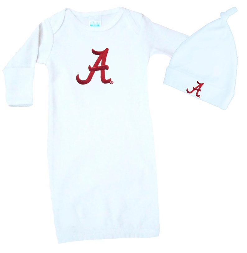 Alabama Crimson Tide Baby Layette Gown and Knotted Cap Set White image 1