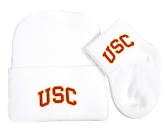 Future Tailgater USC Trojans Southern Cal Licensed Collegiate Licensed Newborn Baby Knit Cap and Socks Set