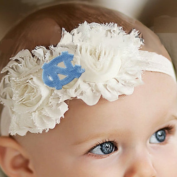 North Carolina UNC Tar Heel Baby/ Toddler Shabby Flower Hair Bow Headband