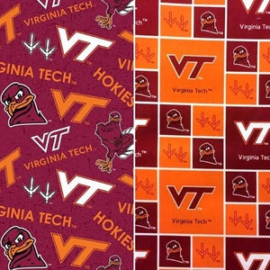 May include: A fabric with a repeating pattern of the Virginia Tech logo, a maroon and orange Hokie bird, and the words "Virginia Tech" and "Hokies".