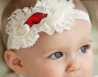 Arkansas Razorback Baby / Toddler Shabby Flower Hair Bow Bandeau