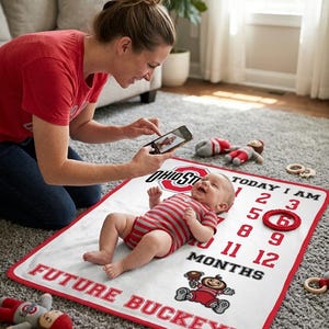 May include: A white rectangular baby milestone blanket featuring the Ohio State University logo, the text 'TODAY I AM', 'MONTHS', and 'FUTURE BUCKEYE', numbers one through twelve, and a cartoon mascot graphic, with a red ring marker on the number six.