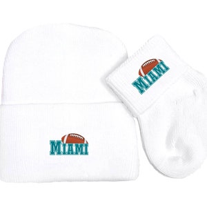 Newborn Baby Knit Cap and Socks Set for Miami Football Fans