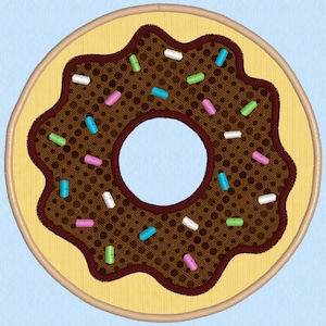 May include: A chocolate donut with white, pink, and blue sprinkles. The donut is on a yellow background.