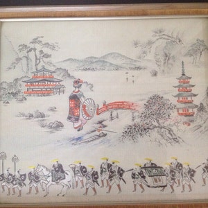 Amazing Vintage Tiny  Ctoss Stich on Silk From Japan With a Pagodas Geisha an Warriors