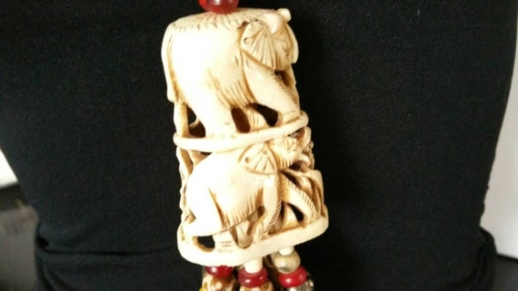 Vintage Carved  Necklace With Large Elephant Pend… - image 2