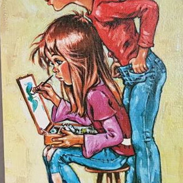 Vintage Big Eye Children  Print On Board By Jolylle "Boy And Girl Painting" 20cmx39cm