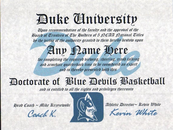 BULE DEVILS BASKETBALL~ CERTIFICATE ~ DIPLOMA ~ MAN CAVE ~ GREAT GIFT FUN
