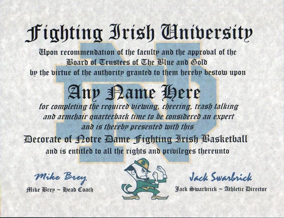 NOTRE DAME FIGHTING IRISH BASKETBALL~ CERTIFICATE ~ DIPLOMA ~ MAN CAVE