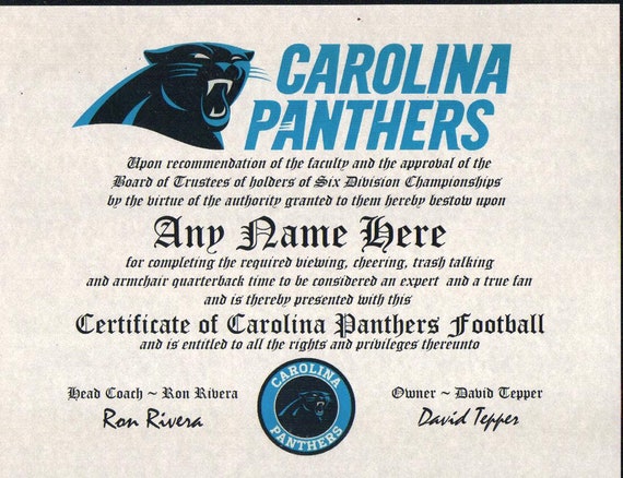 Carolina Panthers 2019 Football Fan Certificate Diploma Gift Sign Man Cave Office Dorm