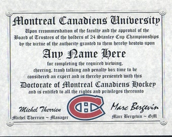 MONTREAL CANADIENS ~ HOCKEY fan ~certificate ~ diploma ~gift ~sign ~ man cave ~ office ~ dorm