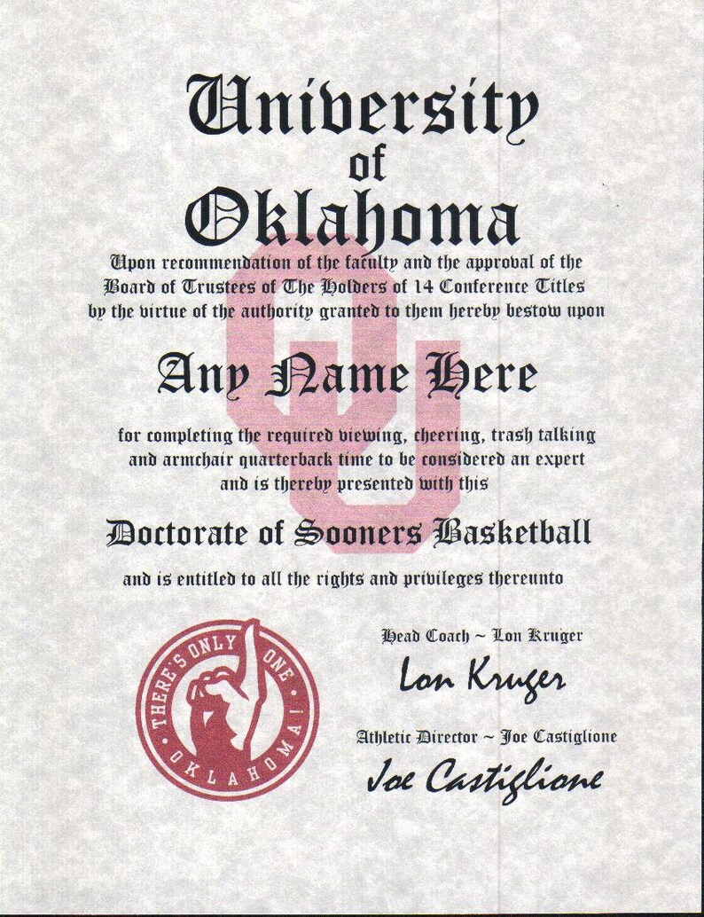 OKLAHOMA SOONERS ~ CERTIFICATE ~ DIPLOMA ~ GIFT ~ MAN CAVE ~ GREAT GIFT