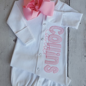 Baby Girl Seersucker Appliqued Reveal Gown Coming home outfit Personalized Baby Gift Sleeper newborn pictures shower gift
