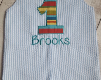 Boys Blue Seersucker Birthday Jon Jon Shortall Personalized Appliqued