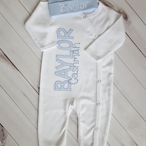 Monogrammed Baby Boy Footie Sleeper Reveal Coming home outfit Personalized newborn pictures shower gift