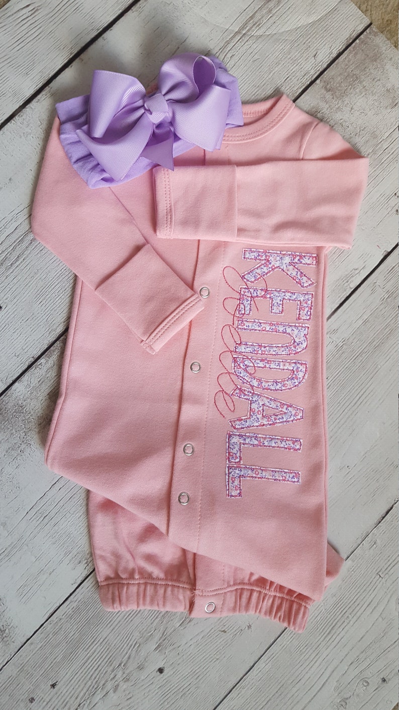 Newborn Baby Girl Coming Home Shower Gift Gender Reveal Appliqued Converter Gown Bow