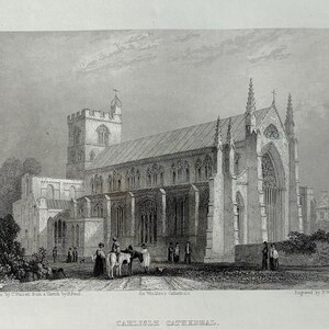 Antiker Originaldruck der Carlisle Catedral Gravur, 1842 - In antikem Weiß oder Schwarz versiegelt - 26 x 21 cm