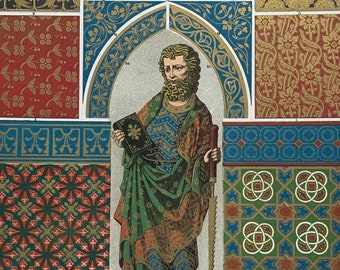 May include: A vintage illustration of weaving, embroidery, enamel, and polychrome sculpture from the Middle Ages. The image features a variety of intricate patterns and designs, including floral motifs, geometric shapes, and religious figures. The text "WEAVING, EMBROIDERY, ENAMEL AND POLYCHROME SCULPTURE." is printed at the bottom of the image.