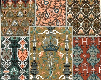 1898 Original Antique Large Decorative Chromolithograph Print - French Renaissance, Carpet Painting - Available Mounted 13 x 9.5 Inches